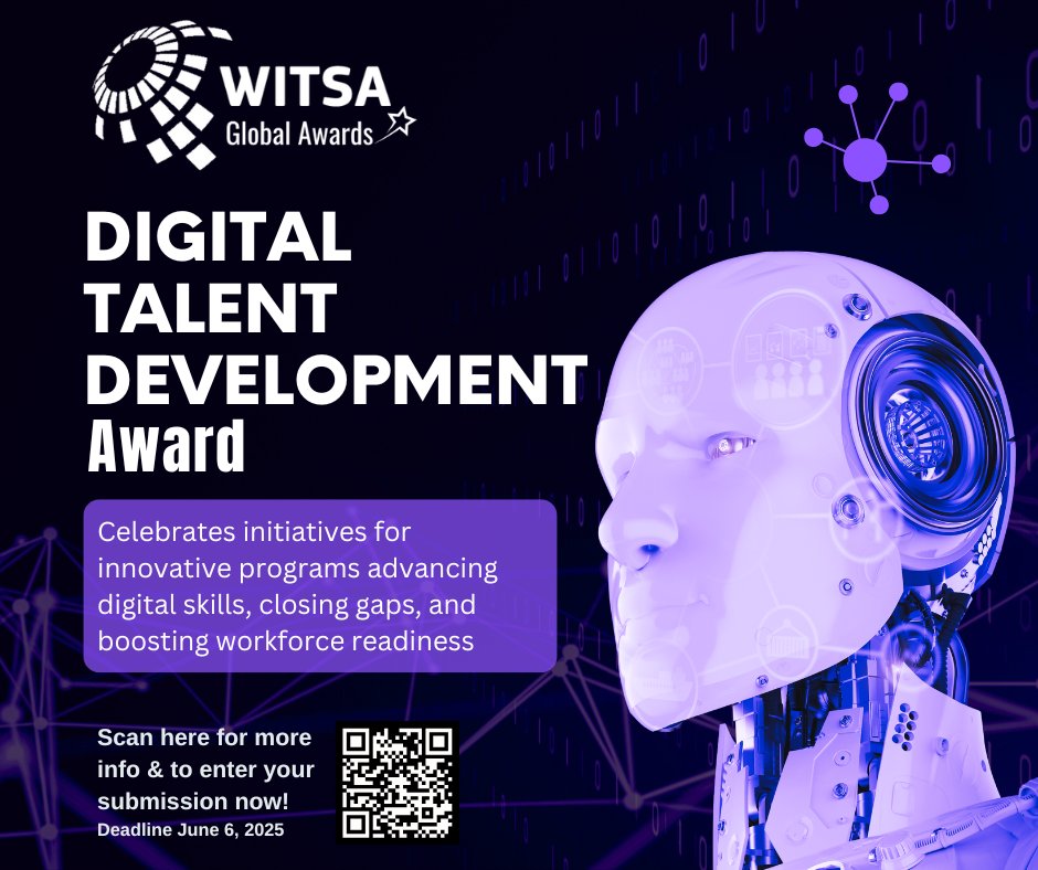 WITSA (@witsa1) on Twitter photo Digital Talent Development Award: Celebrates initiatives for innovative programs advancing digital skills, closing gaps, and boosting workforce readiness.
Get more information here: witsa.org/programs/globa…
Scan the QR code for more info. Submit your nominations by June 6, 2025! Digital Talent Development Award: Celebrates initiatives for innovative programs advancing digital skills, closing gaps, and boosting workforce readiness.
Get more information here: witsa.org/programs/globa…
Scan the QR code for more info. Submit your nominations by June 6, 2025!