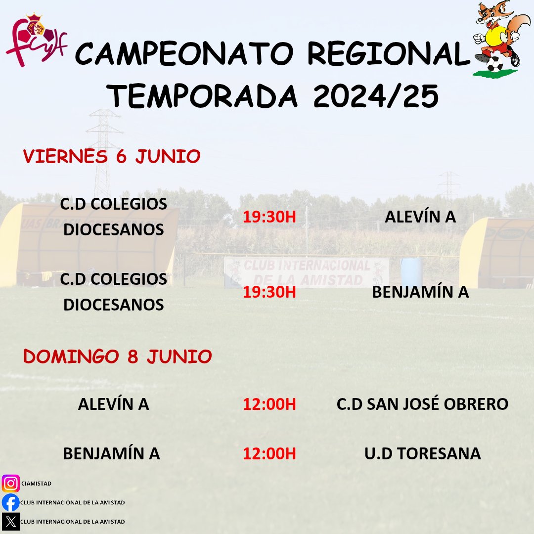 Próximos partidos del Campeonato Regional para nuestros chicos del Alevín A y Benjamín A.

¡MUCHA SUERTE!