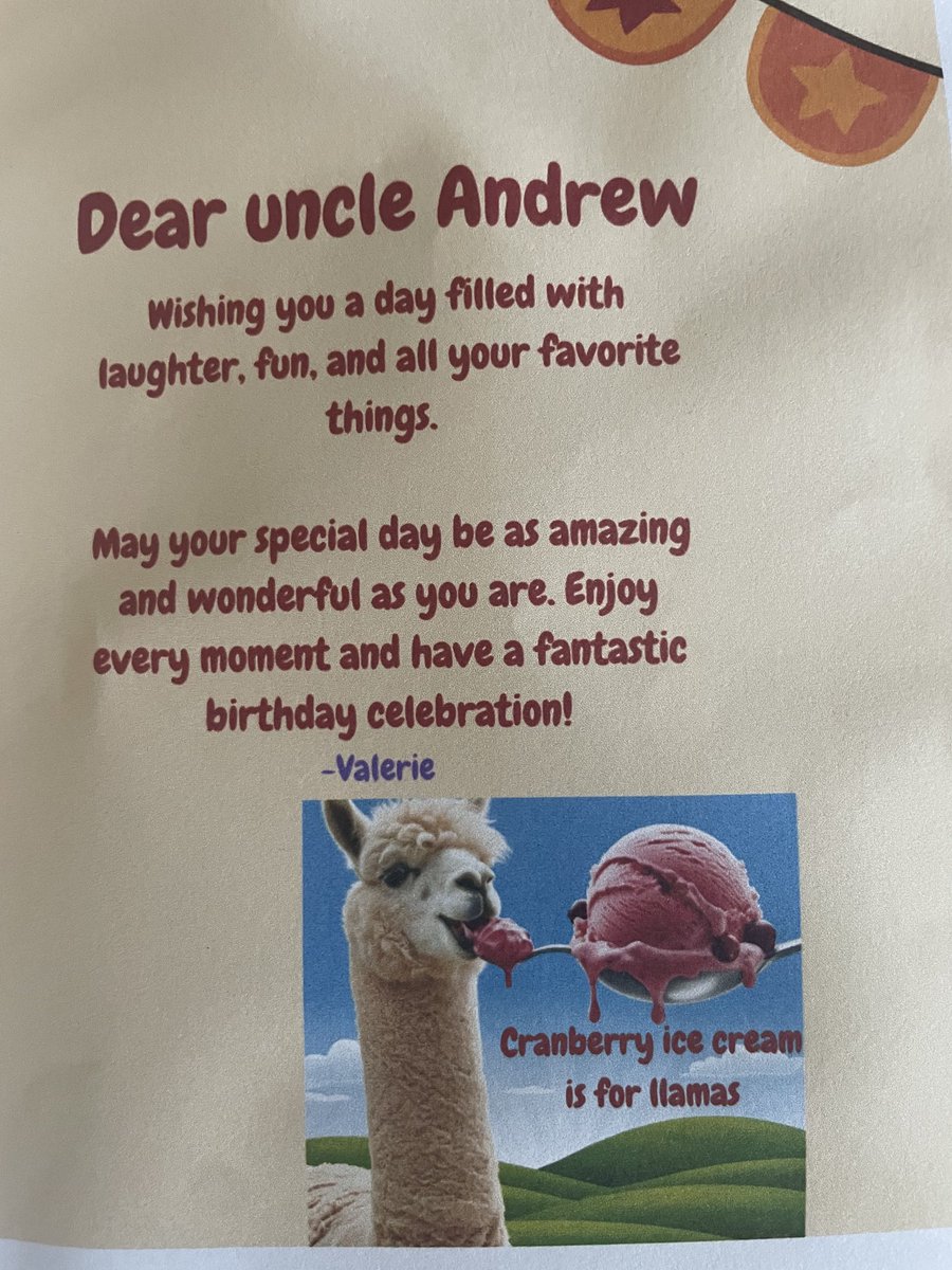 Andrew Cuneo (@andrewcuneo) on Twitter photo So far this is the best use of ai I’ve seen.  8yo niece decided to use my bday card to rub-in my ice cream comp loss with cranberry ice cream.  When asked where she got the picture she said she asked the ai for a llama + cranberry ice cream.  Unclear how the llama fits in. So far this is the best use of ai I’ve seen.  8yo niece decided to use my bday card to rub-in my ice cream comp loss with cranberry ice cream.  When asked where she got the picture she said she asked the ai for a llama + cranberry ice cream.  Unclear how the llama fits in.