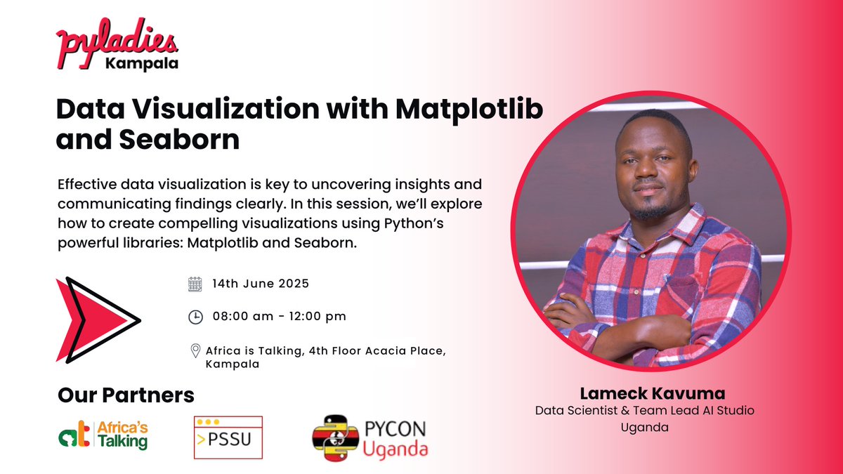pyladieskla's tweet image. Mark your calendars this June!
PyLadies Kampala June Meetup is happening on Saturday 14/06/2025.
🕖 08:00am
📍 Africa's Talking, Acacia Place
Speaker: Lameck Kavuma
Register: forms.gle/Fynn9JoUX3bMKj…
Come join as we connect, and empower you in data visualization journey.