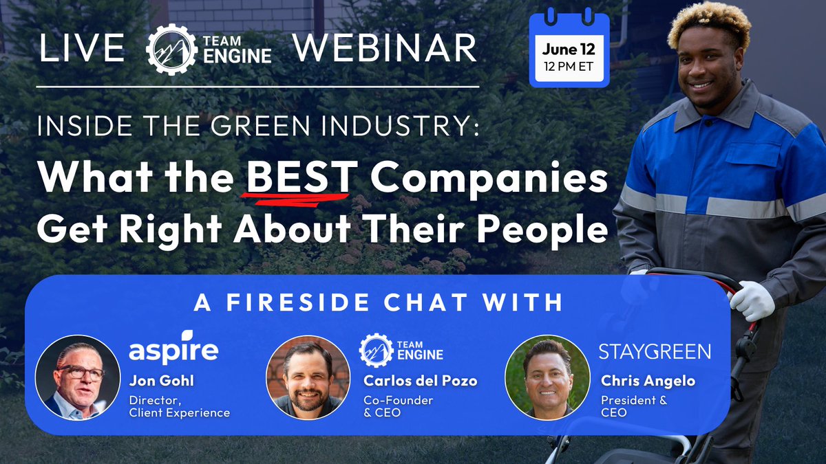 NEXT WEEK: Jon Gohl from Aspire Software &amp; Chris Angelo from Stay Green join Team Engine CEO Carlos del Pozo for a candid conversation on what top-performing landscaping companies are doing differently to build strong, stable, values-driven teams: get.teamengine.io/webinars/fires…