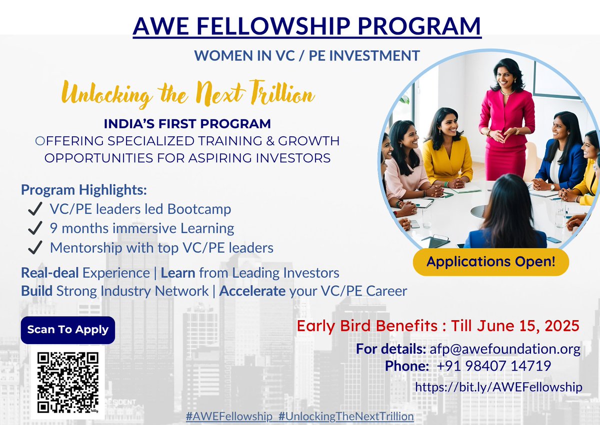 AWE (Achieving Women Equity) Funds (@aweequity) on Twitter photo 🎯Aspiring to break into VC or PE?
🗓️ Apply by June 15 → bit.ly/AWEFellowship
🔁 RT to support @AWEFunds
#AWEFellowship #WomenInFinance #UnlockingTheNextTrillion
<a href="/IndianVCA/">IVCA</a> @LetsVenture <a href="/BlumeVentures/">Blume Ventures</a> @InflectionPointVC <a href="/100X_VC/">100X.VC</a> <a href="/TiEChennai/">TiE Chennai</a> <a href="/Shenomics_Com/">Shenomics</a> 🎯Aspiring to break into VC or PE?
🗓️ Apply by June 15 → bit.ly/AWEFellowship
🔁 RT to support @AWEFunds
#AWEFellowship #WomenInFinance #UnlockingTheNextTrillion
<a href="/IndianVCA/">IVCA</a> @LetsVenture <a href="/BlumeVentures/">Blume Ventures</a> @InflectionPointVC <a href="/100X_VC/">100X.VC</a> <a href="/TiEChennai/">TiE Chennai</a> <a href="/Shenomics_Com/">Shenomics</a>