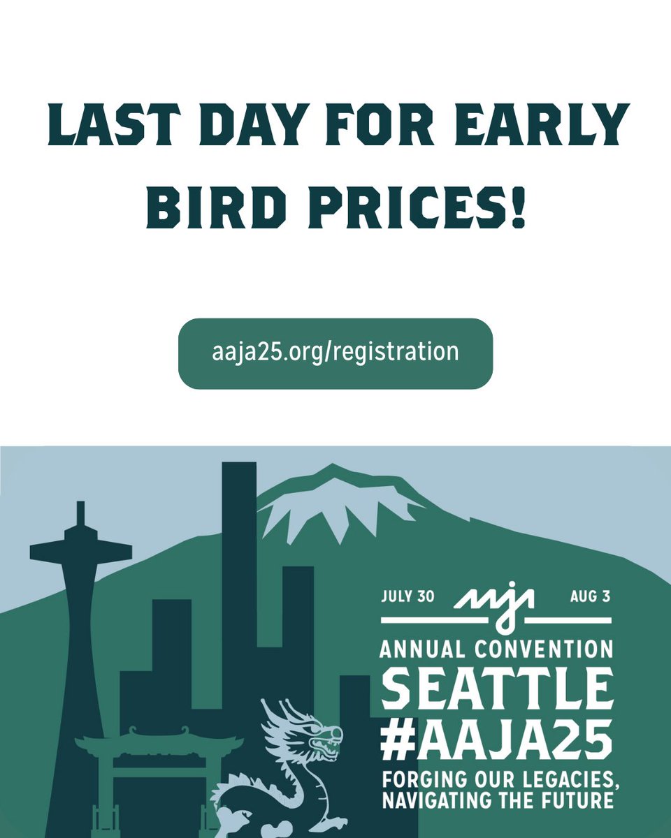 aaja's tweet image. 📢 LAST DAY to get the lowest rates for #AAJA25! There's something for everyone, from reconnecting with #AAJAFamily, diving deep into our workshops, or learning invaluable skills from experts. Don't forget to take advantage of our room block rates! Go to aaja25.org/registration