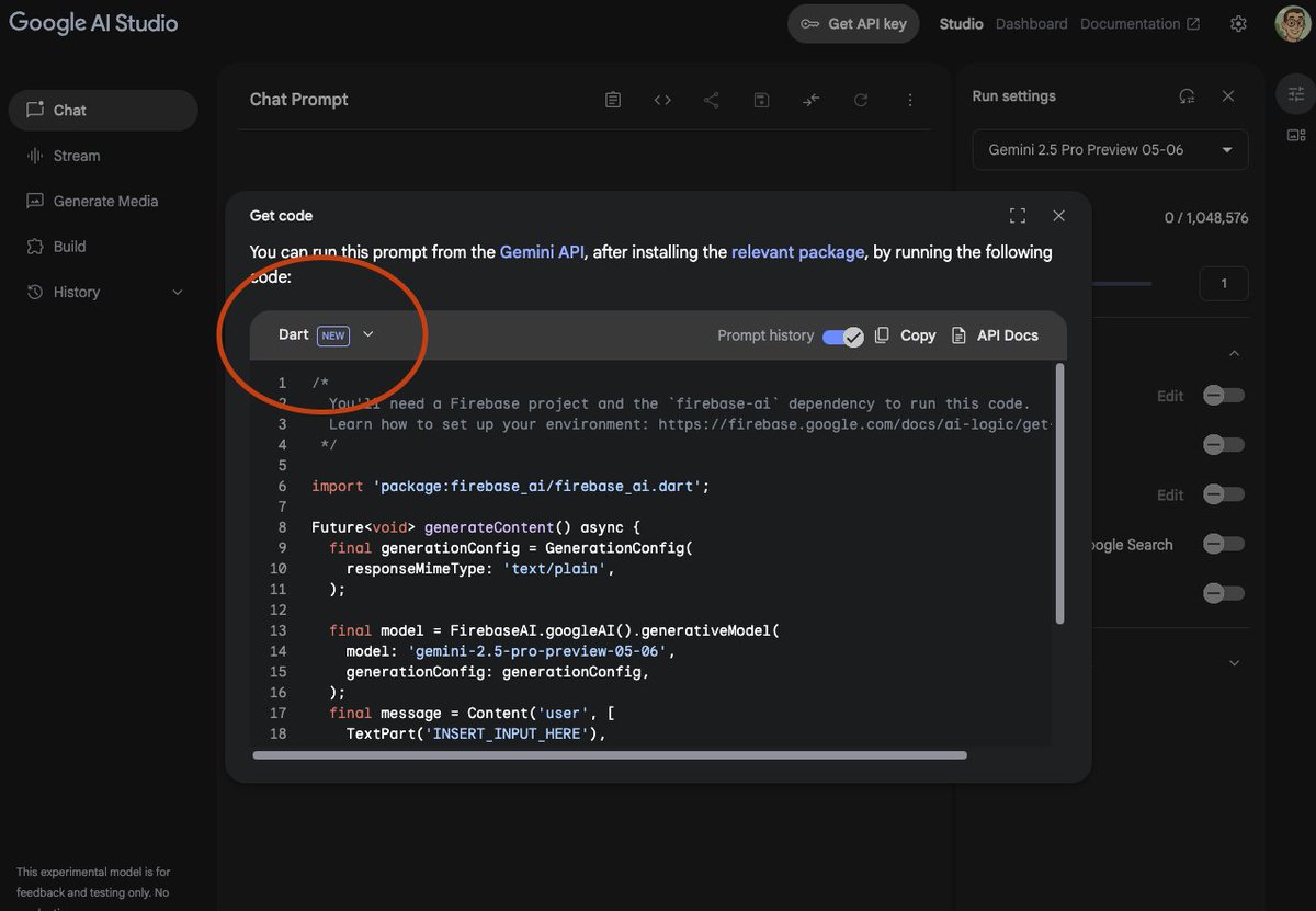 Seth Ladd (@sethladd) on Twitter photo Spotted! <a href="/googleaistudio/">Google AI Studio</a> shows you how to connect to Gemini via <a href="/dart_lang/">Dart Language</a> as one of the supported languages. Awesome! Spotted! <a href="/googleaistudio/">Google AI Studio</a> shows you how to connect to Gemini via <a href="/dart_lang/">Dart Language</a> as one of the supported languages. Awesome!