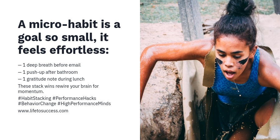 lifetosuccess's tweet image. 3/7
A micro-habit is a goal so small, it feels effortless:

— 1 deep breath before email
— 1 push-up after bathroom
— 1 gratitude note during lunch

These stack wins rewire your brain for momentum.

#HabitStacking #PerformanceHacks #BehaviorChange #HighPerformanceMindset