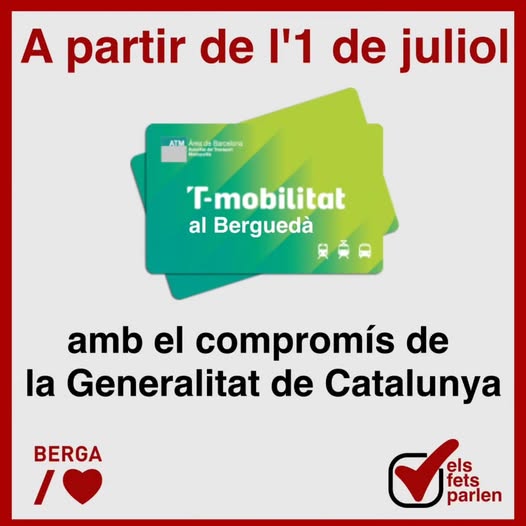 pscberga's tweet image. 📷Un nou pas per la mobilitat al Berguedà
A partir de l’1 de juliol, la T-Mobilitat arriba al Berguedà! Podrem moure’ns amb una sola targeta per tot l'ATM de Barcelona.
#Tmobilitat #Gencat #ElsFetsParlen #elcanvienpositiu #forçapergovernar