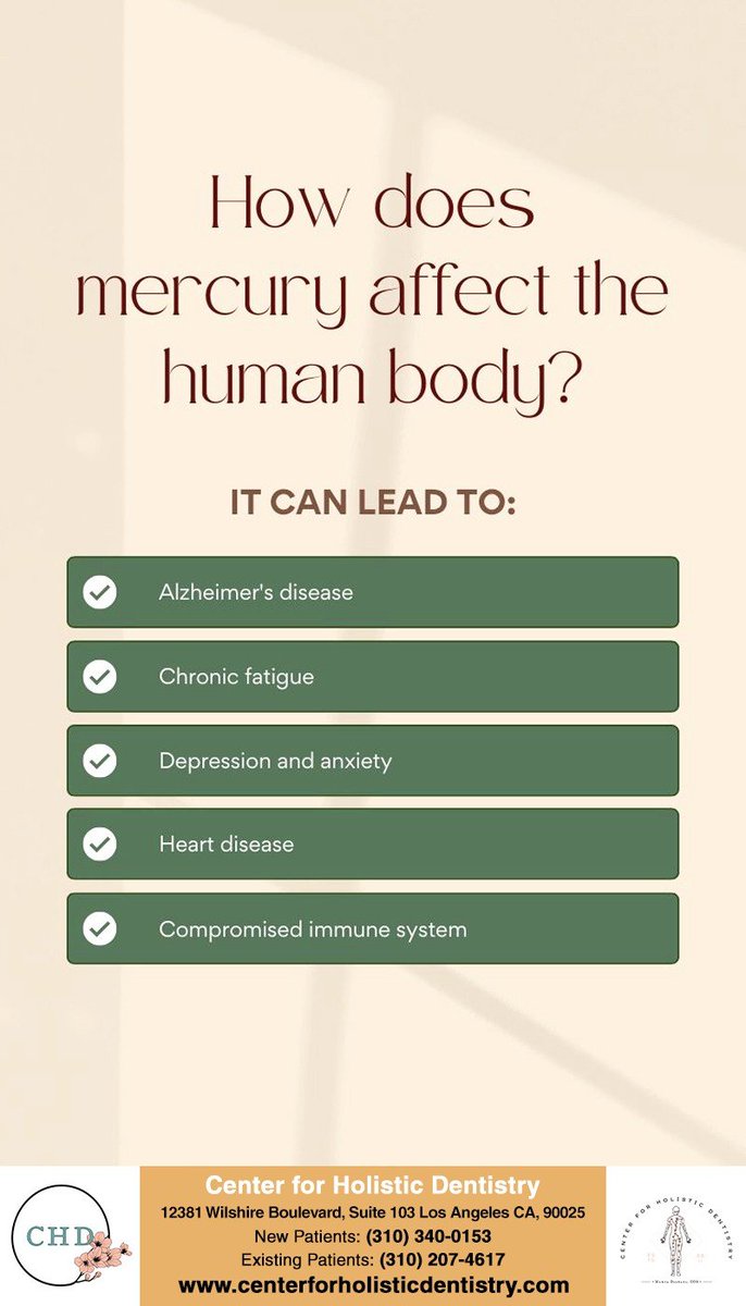CenterforHolis3's tweet photo. If you have an amalgam filling, get a mercury tri-test to determine the toxin levels in your body. Proper treatment can help avoid severe conditions in the future. Call (310) 340-0153 / (310) 207-4617 today. #amalgam #mercurytritest #losangeles #CA #centerforholisticdentistry https://t.co/pHJ8f30DLl