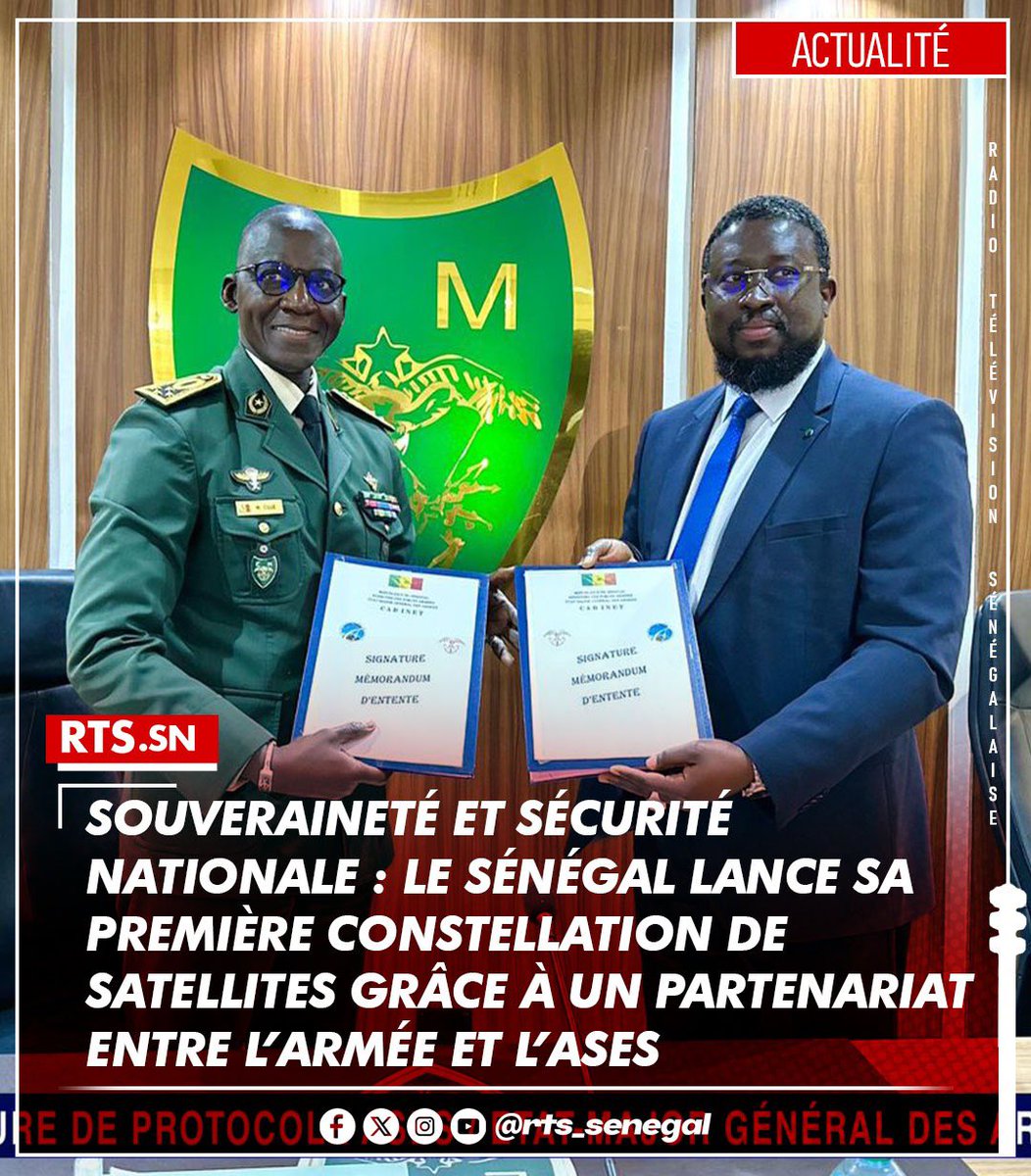 RTS1_Senegal's tweet photo. Le Sénégal renforce sa souveraineté technologique et ses capacités de défense grâce à un accord stratégique entre l’État-major général des Armées et l’Agence Sénégalaise d’Études Spatiales (ASES). Ce partenariat marque le lancement de la première constellation de satellites sénégalais, dédiée à la sécurité, à la surveillance et à l’innovation technologique.
https://t.co/G7aRkOAEr2