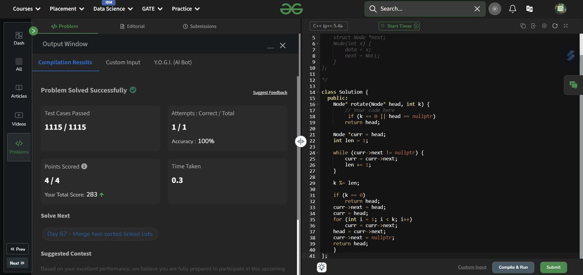 mikumaraditya's tweet image. Day 6⃣6⃣ of the #gfg160 Challenge completed!
✅Rotate a Linked List
#LearnInPublic #DSA #geekstreak2025
@geeksforgeeks