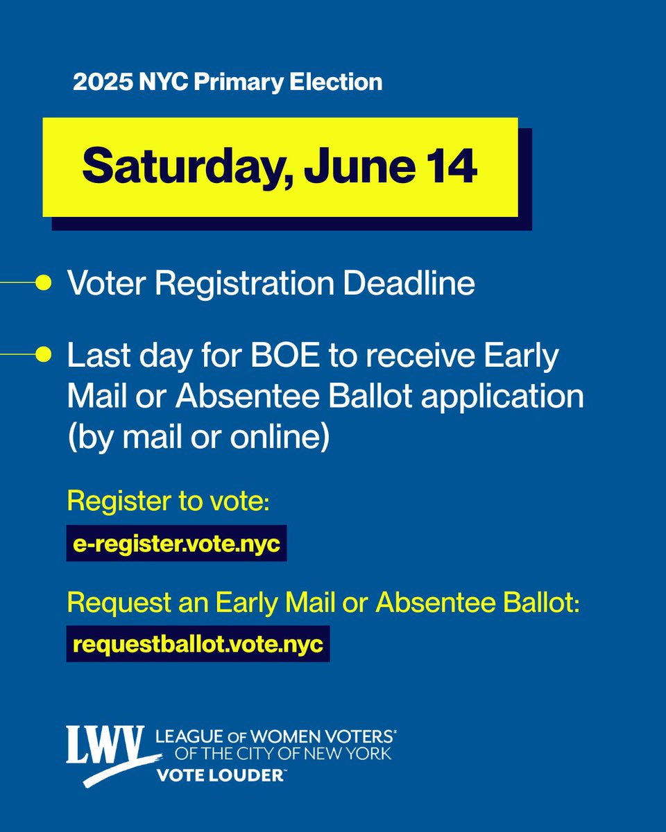 🚨 Heads up, NYC! The Primary is June 24, but don’t wait. June 14 is the LAST day to:

✅ Register to vote
✅ Request an Early Mail or Absentee Ballot (online/by mail) 

Make your plan 👉 vote.nyc
#VoteLouder