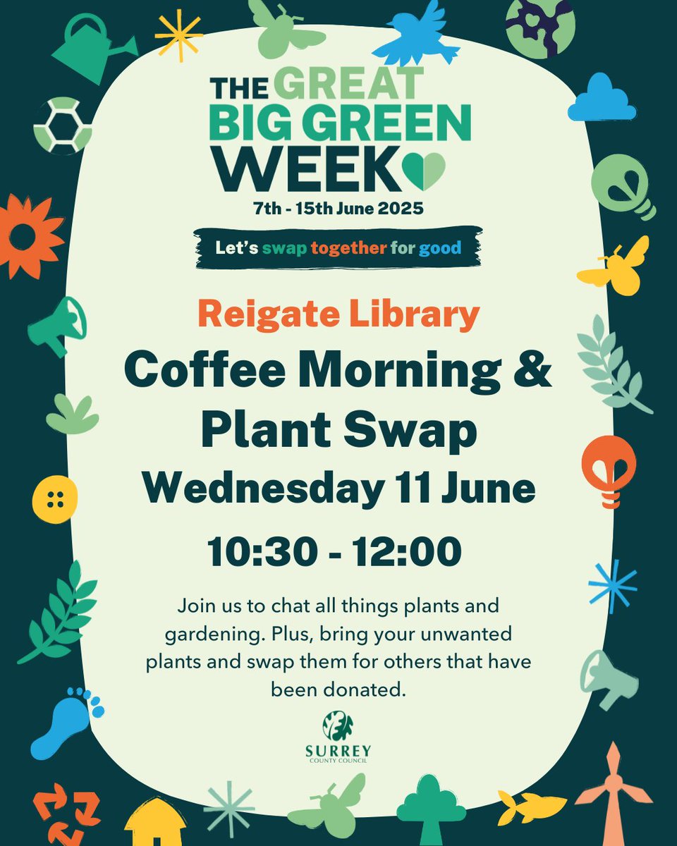 Are you green fingered, or aspire to be?
Join us on Wednesday 11 June for a
Coffee Morning and Plant Swap, 10.30 - 12.00 pm.
We'll be chatting all things plants and gardening. Plus, if you have any spare plants bring them along to swap!
<a href="/SurreyLibraries/">Surrey Libraries UK</a> #GreatBigGreenWeek