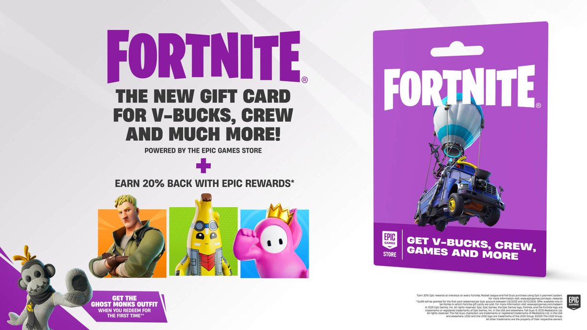 Fortnite gift cards roll out worldwide this month 💳 

Use to buy a variety of things, from V-Bucks to Crew to Packs and even Epic Games Store games! Available at retailers for $15 USD, $30 USD, $50 USD, $100 USD, or a custom amount up to $150 USD.

🔗 fortnite.com/news/fortnite-…