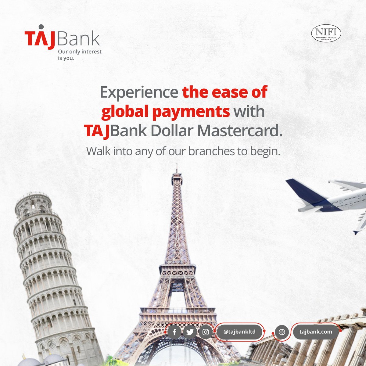 Expand your business without borders with the TAJBank Dollar Mastercard, your key to smooth international payments.

Walk into any of our branches to open a Dollar account.