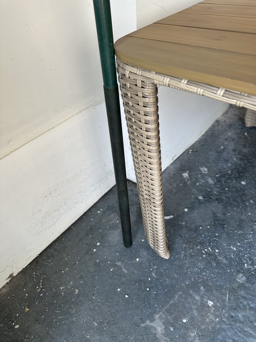 SteffMoir's tweet photo. @BandQ furniture arrived 4 weeks ago, terrible condition. Emailed several times to try and rectify this issue and no one returning emails. Can you sort this please? Only 1 of the 4 legs is straight and one of the wood panels is damaged. Plenty more pics on emails. #bandq https://t.co/H67caOIKpx