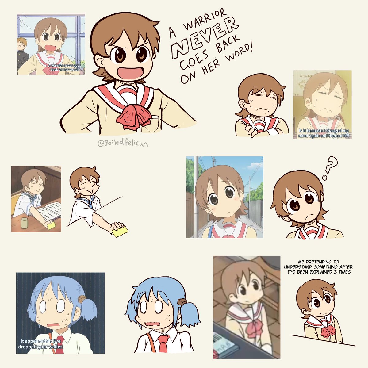 BoiledPelican's tweet image. Nichijou art 39
Screenshot redraws