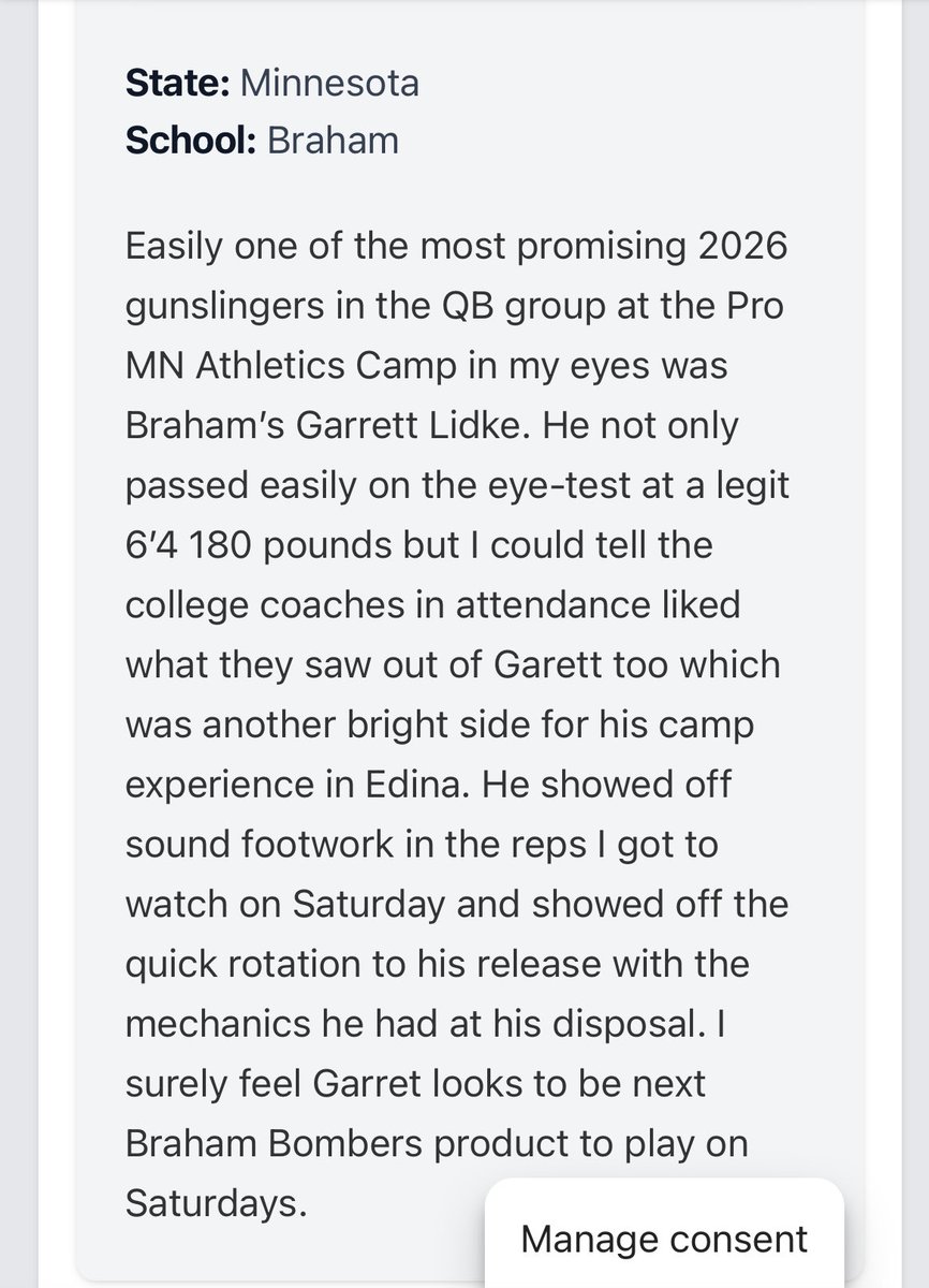 Garett Lidke (2026 QB) (@glidke32865) on Twitter photo Thank you <a href="/NWahlScouting/">Nate Wahl</a> for the camp eval!!
<a href="/PrepRedzoneMN/">Prep Redzone Minnesota</a> <a href="/ProMNAthletics/">Pro MN Athletics</a> <a href="/MNFBSpotlight/">MNFootballSpotlight</a> <a href="/OJW_Scouting/">PrepRedzone Oliver</a> Thank you <a href="/NWahlScouting/">Nate Wahl</a> for the camp eval!!
<a href="/PrepRedzoneMN/">Prep Redzone Minnesota</a> <a href="/ProMNAthletics/">Pro MN Athletics</a> <a href="/MNFBSpotlight/">MNFootballSpotlight</a> <a href="/OJW_Scouting/">PrepRedzone Oliver</a>