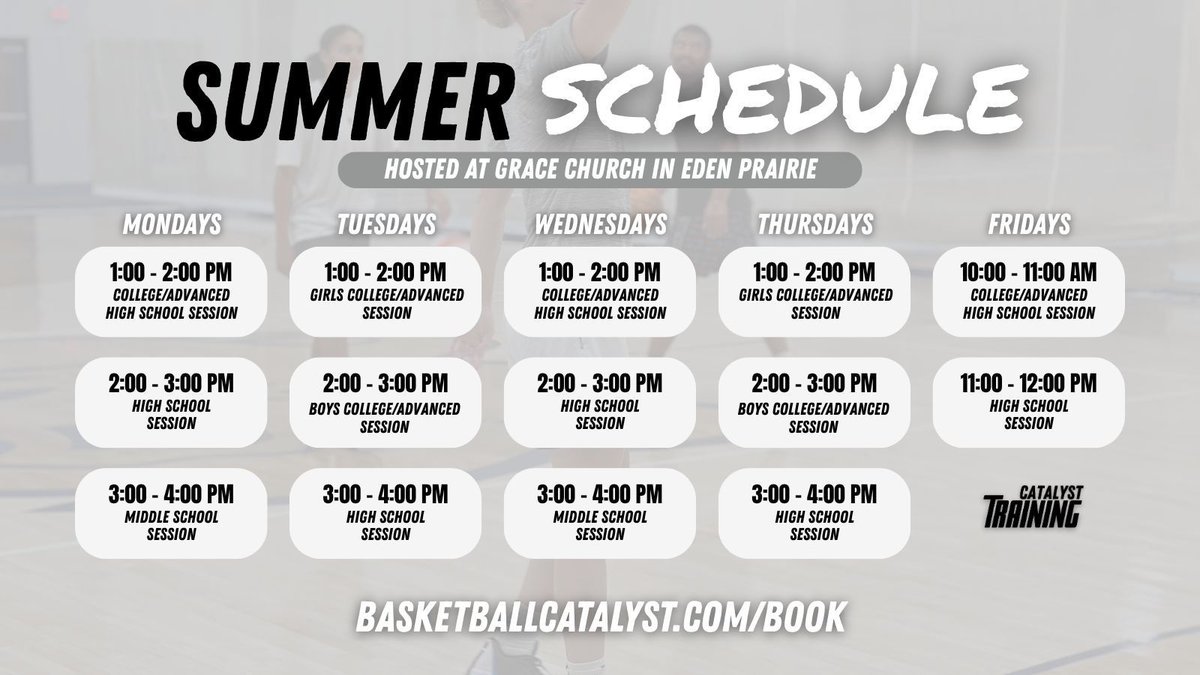 🚨 Our Summer Training Schedule is LIVE starting June 9th!

Train up to 5 days a week with our popular Unlimited Membership — or book single sessions that fit your schedule.

🏀 Spots fill fast. Lock in your workouts now:
👉 basketballcatalyst.com/book