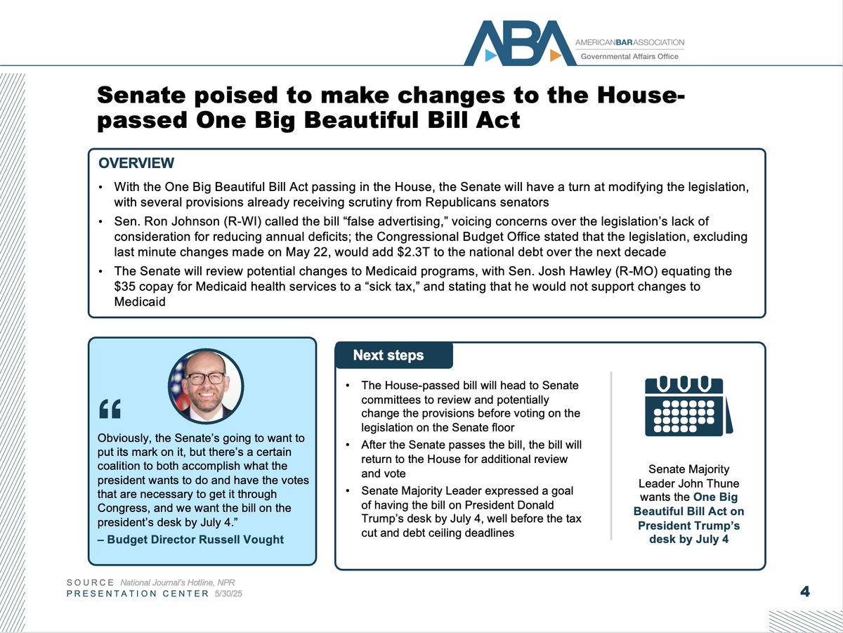 The House has passed the “One Big Beautiful Bill Act” — sweeping legislation reshaping taxes, health care, energy, and more. What’s in it, and what’s next in the Senate? Full deck here: americanbar.org/content/dam/ab… #InTheWeeds