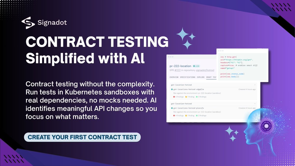 Production shouldn’t be where you find broken #APIs. #SmartTest by <a href="/signadot/">Signadot</a> runs contract checks in real #Kubernetes sandboxes—using real services and #AI to detect only meaningful changes before merge. No mocks. No noise. Just clarity. Try it for FREE. 👉signadot.com/ai-smart-tests…