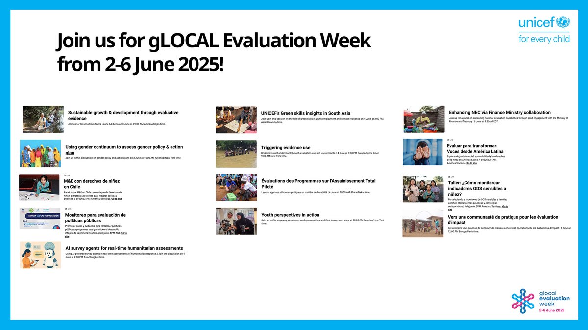 UNICEF Evaluation (@unicefeval) on Twitter photo This week 📅 (2 – 6 June), the global evaluation community comes together for #gLOCAL Evaluation Week 2025—a celebration of shared learning, innovation, and collaboration.
<a href="/UNICEFEval/">UNICEF Evaluation</a> is proud to be part of this global effort with a full line-up of virtual events happening every This week 📅 (2 – 6 June), the global evaluation community comes together for #gLOCAL Evaluation Week 2025—a celebration of shared learning, innovation, and collaboration.
<a href="/UNICEFEval/">UNICEF Evaluation</a> is proud to be part of this global effort with a full line-up of virtual events happening every