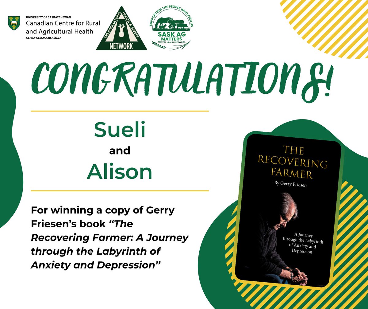 Agricultural Health and Safety Network (@saskagsafety) on Twitter photo 🎉 Congratulations to Sueli and Alison, winners of our book giveaway! We hope you enjoy your copy of The Recovering Farmer: A Journey through the Labyrinth of Anxiety and Depression are on their way. Thank you to everyone who attended our webinar! <a href="/recoverinfarmer/">Gerry Friesen</a> #MentalHealth 🎉 Congratulations to Sueli and Alison, winners of our book giveaway! We hope you enjoy your copy of The Recovering Farmer: A Journey through the Labyrinth of Anxiety and Depression are on their way. Thank you to everyone who attended our webinar! <a href="/recoverinfarmer/">Gerry Friesen</a> #MentalHealth