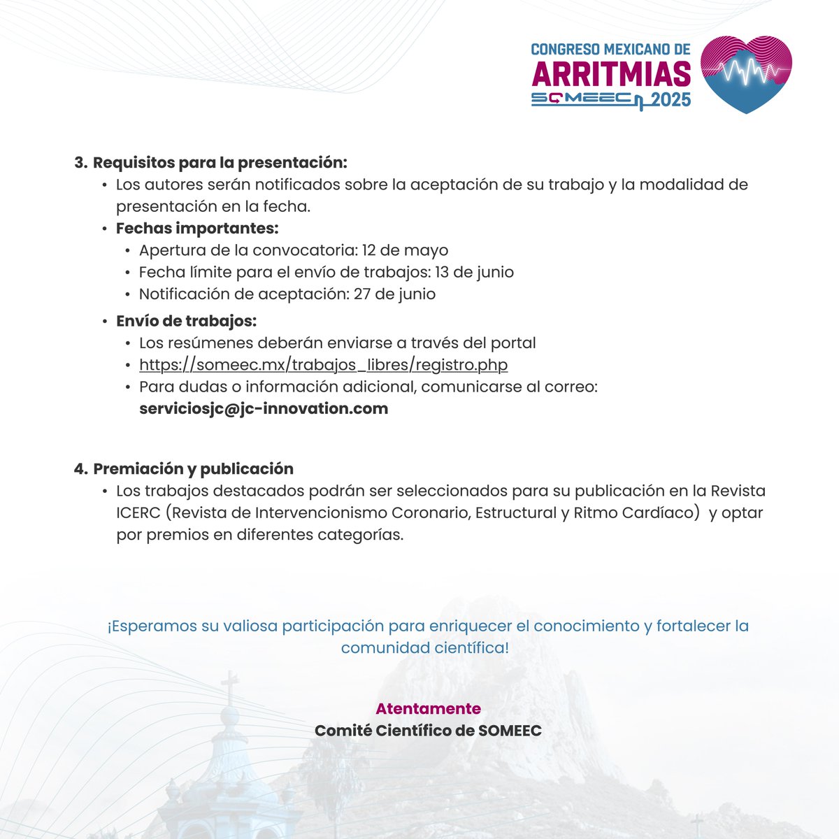 ⚡ ¡Comparte tu caso clínico o investigación!
Participa con un trabajo libre en #ArritmiasMX2025 y haz que tu experiencia cuente.
📅 Tienes hasta el 13 de junio
👉 someec.mx/trabajos_libre…

#SOMEEC #Electrofisiología #TrabajosLibres #CongresoCardiología