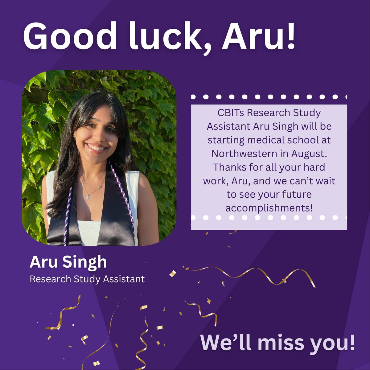 cbitshealth's tweet image. We're wishing a heartfelt farewell to Aru Singh, who will be starting medical school at @NUFeinbergMed this fall! 🎓✨
Most recently, she had an abstract, accepted by the American Public Health Association. 🎉 An amazing way to wrap up her time at CBITs!
Good luck, Aru! 💜
