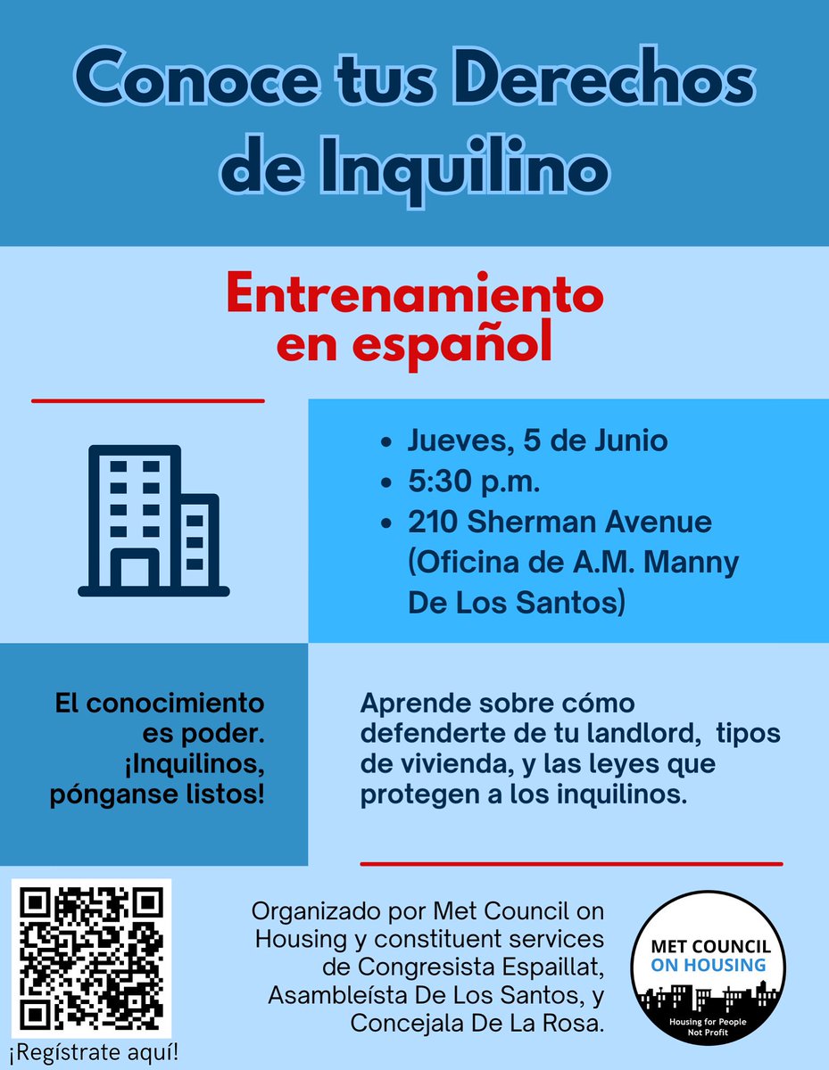 Conozca sus derechos y como defenderse de su arrendador. 
🗓️Jueves, 5 de Junio
⏰5:30 p.m.
📍210 Sherman Avenue