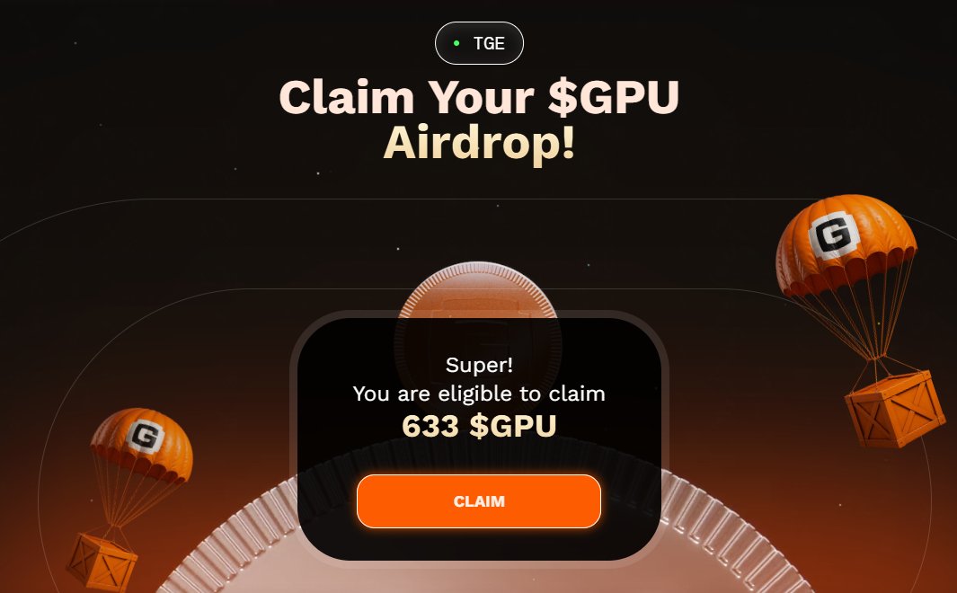 GPUnet Airdrop Claim is Live! 🪂

✅ Claim here: subnet.gpu.net/airdrop

Who is eligible:

1. Questers (Season 1)
2. Node Holders (533 GPU per node)
3. GPoints holders from the Testnet
4. Remaining Series A investors

$GPU trading starts on June 6th.

The total supply is 200