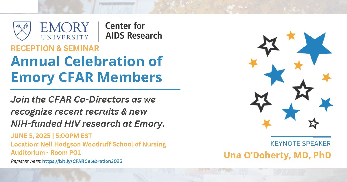 Emory CFAR (@emorycfar) on Twitter photo 📢🌟Join us TOMORROW (6/5) at 5PM EST in <a href="/EmoryNursing/">Emory Nursing</a> for our Annual Celebration! This reception & seminar honors the accomplishments of #HIV investigators at <a href="/EmoryUniversity/">Emory University</a> and will feature keynote speaker, Una O'Doherty (<a href="/EmoryPathology/">Emory University Department of Pathology</a>).
RSVP: bit.ly/CFARCelebratio… 📢🌟Join us TOMORROW (6/5) at 5PM EST in <a href="/EmoryNursing/">Emory Nursing</a> for our Annual Celebration! This reception & seminar honors the accomplishments of #HIV investigators at <a href="/EmoryUniversity/">Emory University</a> and will feature keynote speaker, Una O'Doherty (<a href="/EmoryPathology/">Emory University Department of Pathology</a>).
RSVP: bit.ly/CFARCelebratio…