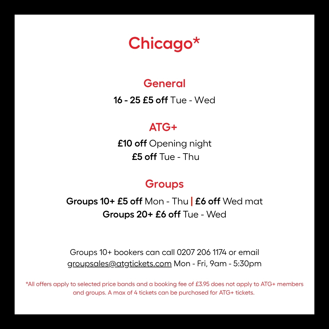 Sunderland Empire (@sundempire) on Twitter photo It's 2 months to go until Chicago... swipe to see some of our criminally good offers 🎵
Want to become an ATG+ member? Sign up here - atgtix.co/3ZDH0w7
Don't miss this iconic musical 🎟️ Book today - atgtix.co/3QQvvwm
📅 Mon 4 - Sat 9 Aug
<a href="/ChicagoOnStage/">Chicago The Musical</a> It's 2 months to go until Chicago... swipe to see some of our criminally good offers 🎵
Want to become an ATG+ member? Sign up here - atgtix.co/3ZDH0w7
Don't miss this iconic musical 🎟️ Book today - atgtix.co/3QQvvwm
📅 Mon 4 - Sat 9 Aug
<a href="/ChicagoOnStage/">Chicago The Musical</a>