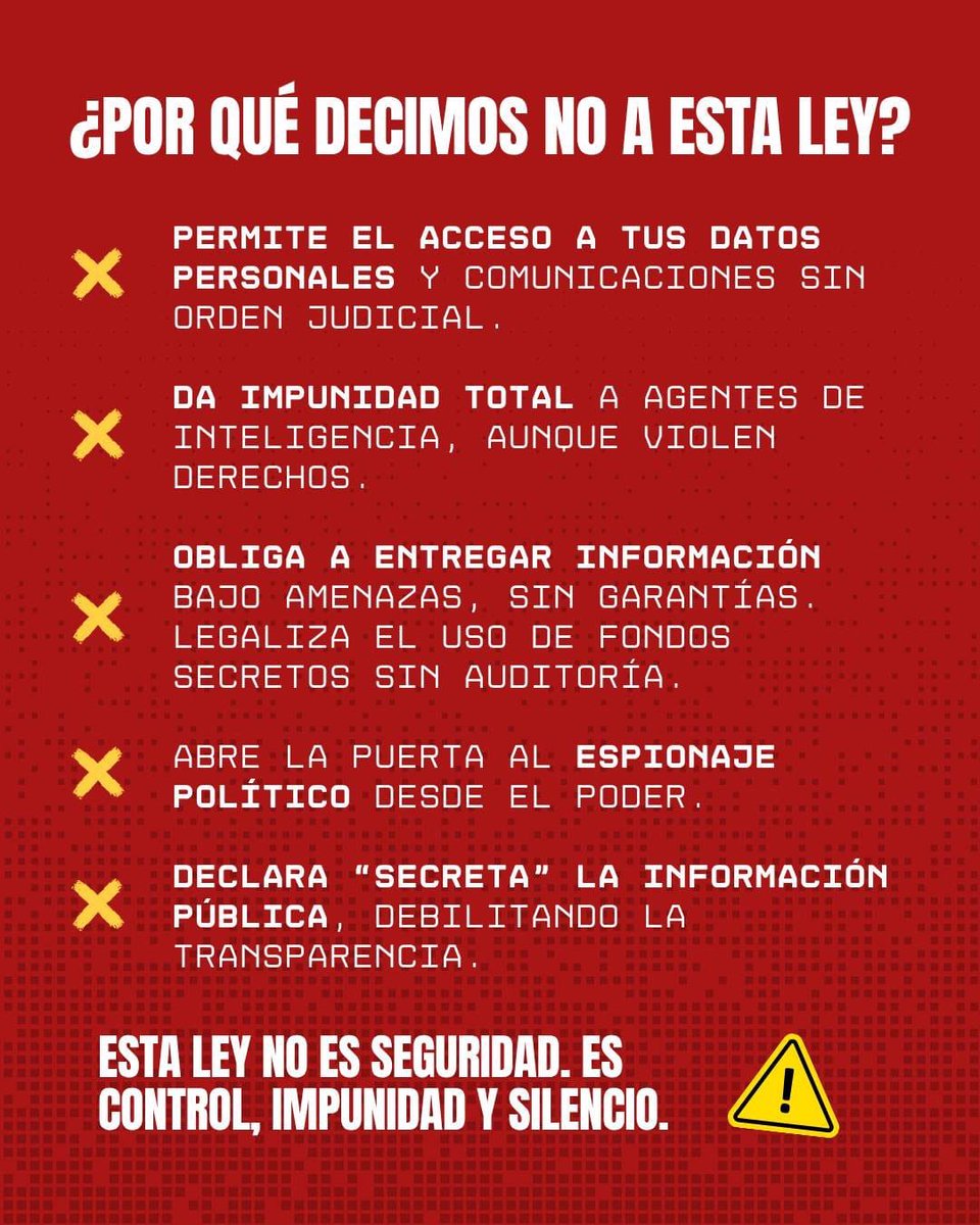 #Pronunciamiento 📷 | Rechazamos el Proyecto de Ley Orgánica de Inteligencia, Inteligencia Estratégica y Contrainteligencia y alzamos la voz por nuestros #DerechosDigitales.
Aquí te explicamos los riesgos que representa este proyecto de ley 📷
Más información aquí