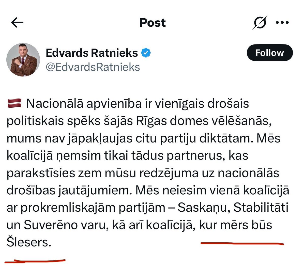 Citiem vārdiem, koalīcijā ar Šleseru, ja mērs būs Ratnieks, NA ietu? Un es vēl naivā pēdējās nedēļas šo sazvērestības teoriju uzskatīju par JV un Pro pret NA laistu spinu. Bet, kad jau pats NA mēra kandidāts to atklāti uzraksta, atliek vien ticēt.