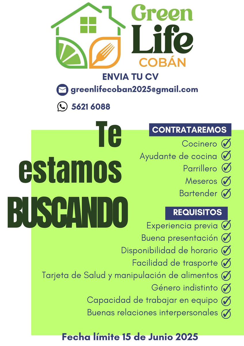 Eduardo Sam Chun (@samchun_informa) on Twitter photo OPORTUNIDAD DE EMPLEO - Green
Life tiene varias plazas disponibles para Cobán, Alta Verapaz, envía tu CV a:
greenlifecoban2025@gmail.com
Tel. 5621-6088
Fecha límite 15 de Junio 2025 OPORTUNIDAD DE EMPLEO - Green
Life tiene varias plazas disponibles para Cobán, Alta Verapaz, envía tu CV a:
greenlifecoban2025@gmail.com
Tel. 5621-6088
Fecha límite 15 de Junio 2025