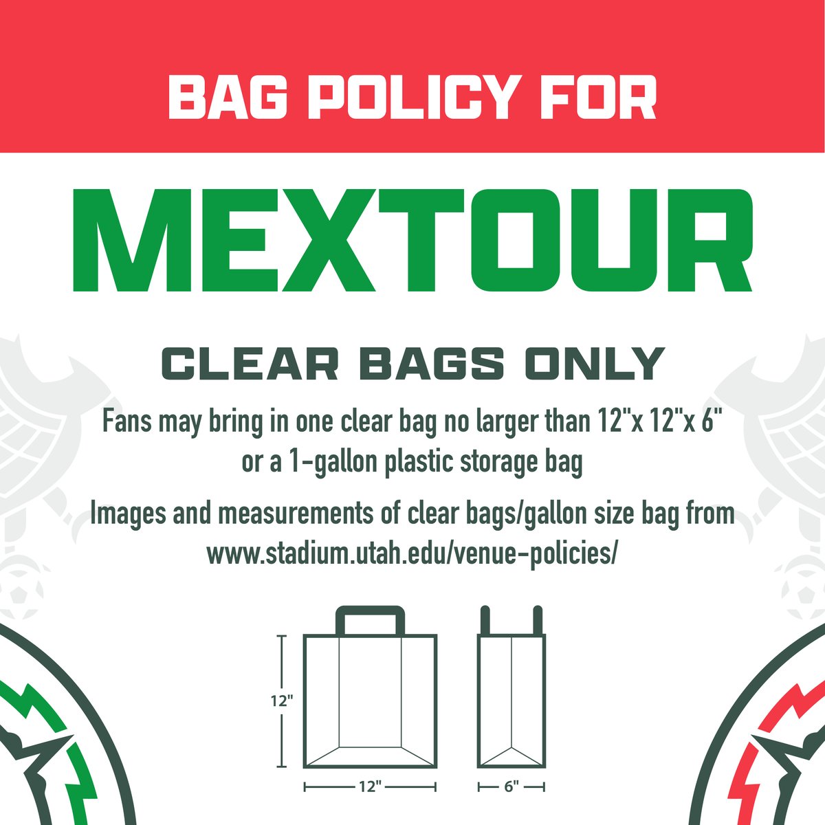 Our bag policy for MexTour is clear bags only. Fans may bring one clear bag no larger than 12”x12”x6” or a 1-gallon plastic storage bag. For other bags, bag storage is located inside the S.J. Quinney College of Law, located on the corner of University Street and Campus Drive.
