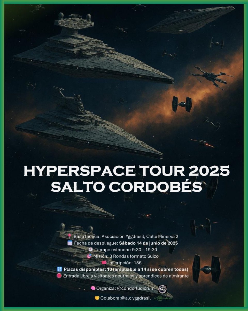 AcYggdrasil's tweet image. 🚀 ¡Salto al hiperespacio en Córdoba!
#HyperspaceTour2025

🗓️ 14 junio | 9:30h-19:30h
📍 C/ Minerva 2 #CordobaESP
🎯 3 rondas (formato suizo)
💸 15€ | 10 plazas (ampliables a 14)
👥 Entrada libre a visitantes

Organiza: @CondorLudicrum 
Colabora: #ACYgddrasil

¡No te lo pierdas!