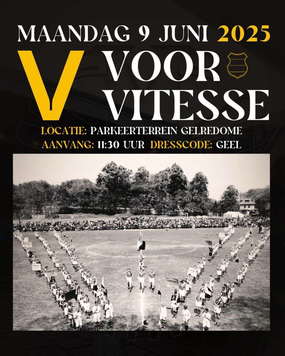 Zonder Vitesse verliest Arnhem zijn trots, zijn kleur, zijn geschiedenis. Een stad zonder zijn club is een stad zonder ziel. Dat laten we niet gebeuren. We roepen iedereen op met een geel-zwart hart: kom naar GelreDome en vorm om één minuut voor twaalf met elkaar de V.