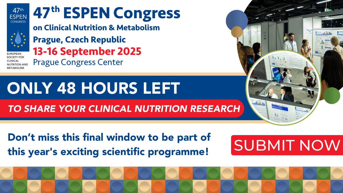 ESPEN (@espenorg) on Twitter photo Only 48 hours left to submit your late-breaking abstract for #ESPEN2025!
Share your research in #ClinicalNutrition & #metabolism with a global audience. Don’t miss your chance to be part of the programme!
Deadline: 13 June, 23:59 CEST.  Submit now: tinyurl.com/ESPEN-2025-Abs… Only 48 hours left to submit your late-breaking abstract for #ESPEN2025!
Share your research in #ClinicalNutrition & #metabolism with a global audience. Don’t miss your chance to be part of the programme!
Deadline: 13 June, 23:59 CEST.  Submit now: tinyurl.com/ESPEN-2025-Abs…