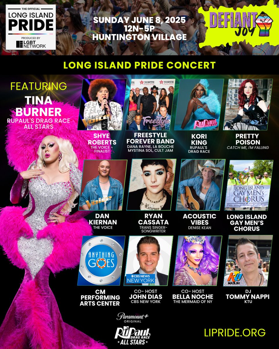 🔥 The stage is about to BURN...
TINA BURNER from RuPaul’s Drag Race All Stars is headlining the Long Island Pride Concert! 🌈
🗓️ Sunday, June 8 | 📍 Huntington Village | 🎟️ Free
More: lipride.org/entertainment/

#LIPride2025 #TinaBurner #PrideConcert #DragRoyalty