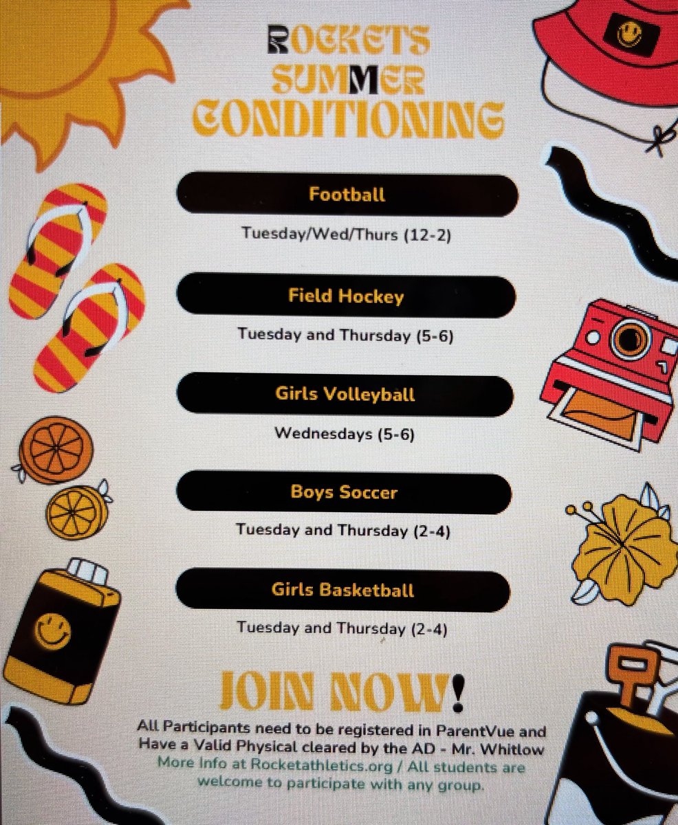 RocketsVBALL's tweet image. 🚨🚨ATTENTION🚨🚨 for those of you registered for summer conditioning, girls volleyball will be starting June 11th every Wednesday from 5-6pm in the weight room! You MUST be registered and have an up to date physical SUBMITTED!! We will meet outside the main gym entrance