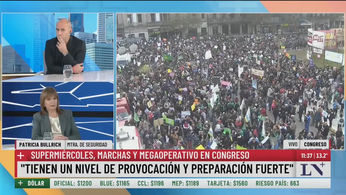 Patricia Bullrich (@patobullrich) on Twitter photo En <a href="/lanacionmas/">La Nación Más</a> con <a href="/trebuquero/">Esteban Trebucq</a>:
"Hay grupos violentos que van a ir a la marcha con alambres a la altura de las piernas para voltear a las Fuerzas de Seguridad.
Si van a pegar y a romper, las Fuerzas de Seguridad van a actuar, porque hay un protocolo y se tiene que respetar. Si En <a href="/lanacionmas/">La Nación Más</a> con <a href="/trebuquero/">Esteban Trebucq</a>:
"Hay grupos violentos que van a ir a la marcha con alambres a la altura de las piernas para voltear a las Fuerzas de Seguridad.
Si van a pegar y a romper, las Fuerzas de Seguridad van a actuar, porque hay un protocolo y se tiene que respetar. Si