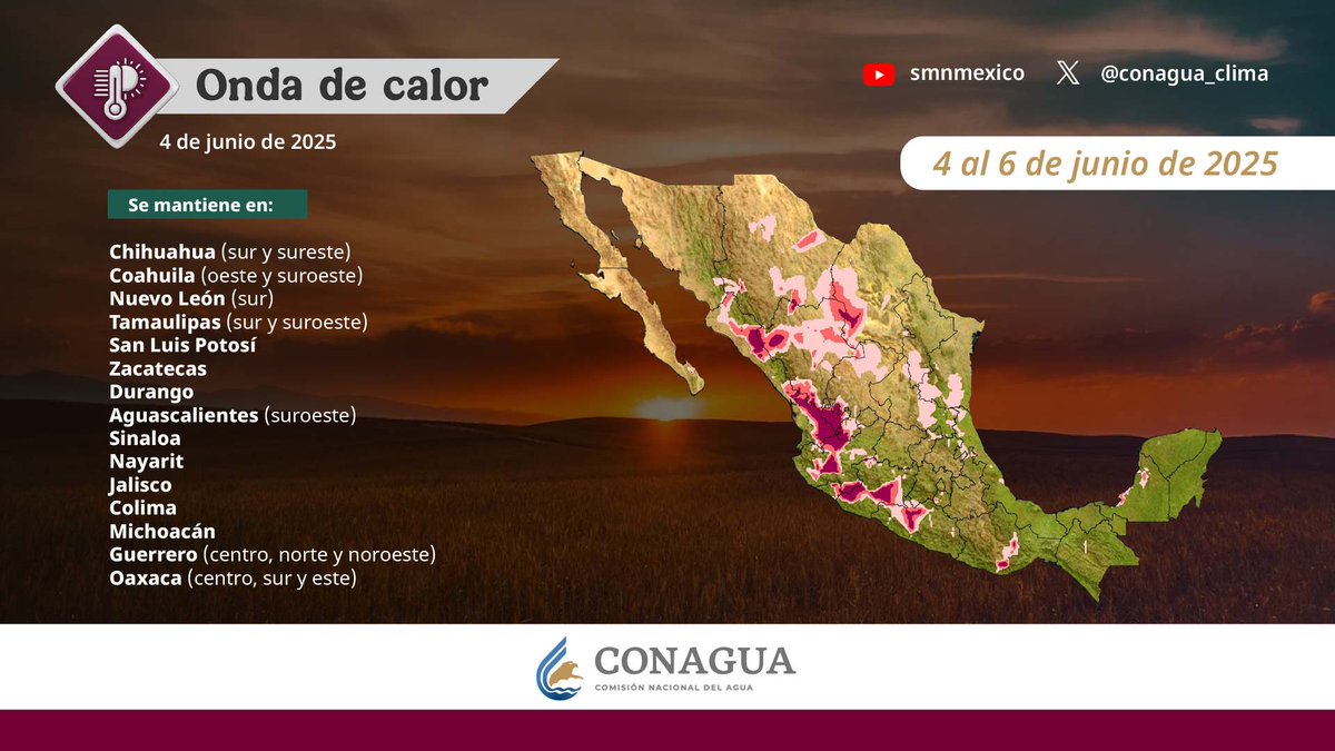 🥵Se mantiene la #OndaDeCalor en  15 entidades de #México.

Más información en smn.conagua.gob.mx/es/