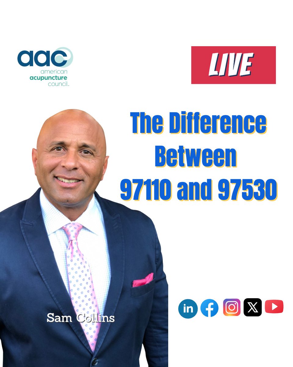 TopAcupuncture's tweet image. Join us Live today, June 4th at 1:00 PM ET.
Sam Collins  PRESENTS:
The Difference Between 97110 and 97530👍👊🕐📹🔉
Live on Twitter: 

#billingandcoding #cptcoding #ICD #malpracticeinsurance