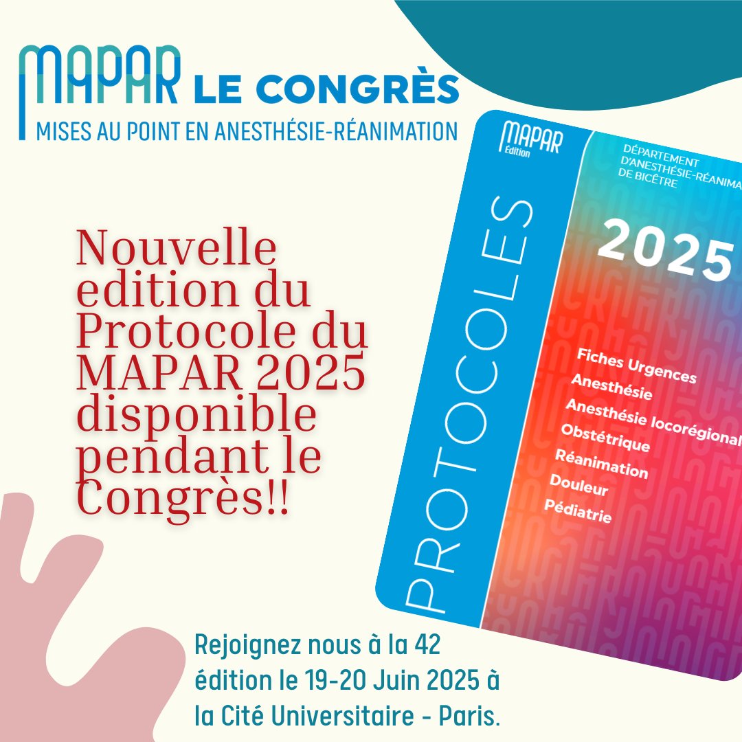 Nouveau Protocole du MAPAR 2025 sera disponible au congrès le 19- 20 Juin! 
Inscription sur le lien :👉congres.mapar.org/index.aspx

#CongresMAPAR2025 #anesthesie  #reanimation #2025