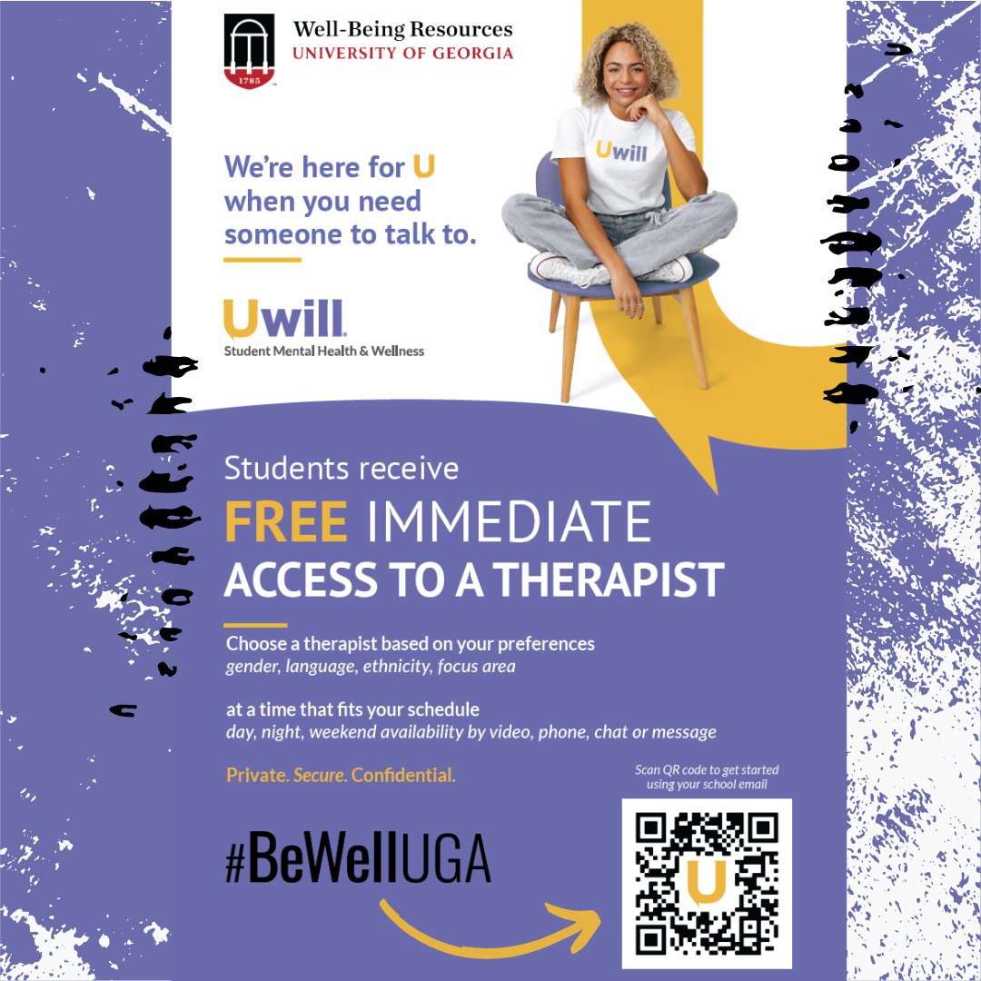 We’re here for U when you need someone to talk to (even in the Summer)! 💜 FREE IMMEDIATE ACCESS TO A THERAPIST! Choose a therapist based on your needs and preferences. Scan the QR code to get started or visit the link in our bio. #BeWellUGA #Uwill