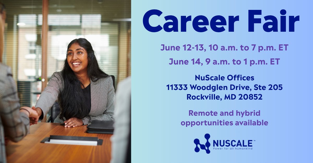 We're Hiring! NuScale is holding a job fair and conducting onsite interviews in Rockville, MD from June 12-14. Apply now to secure your spot.

hubs.li/Q03qd2nQ0