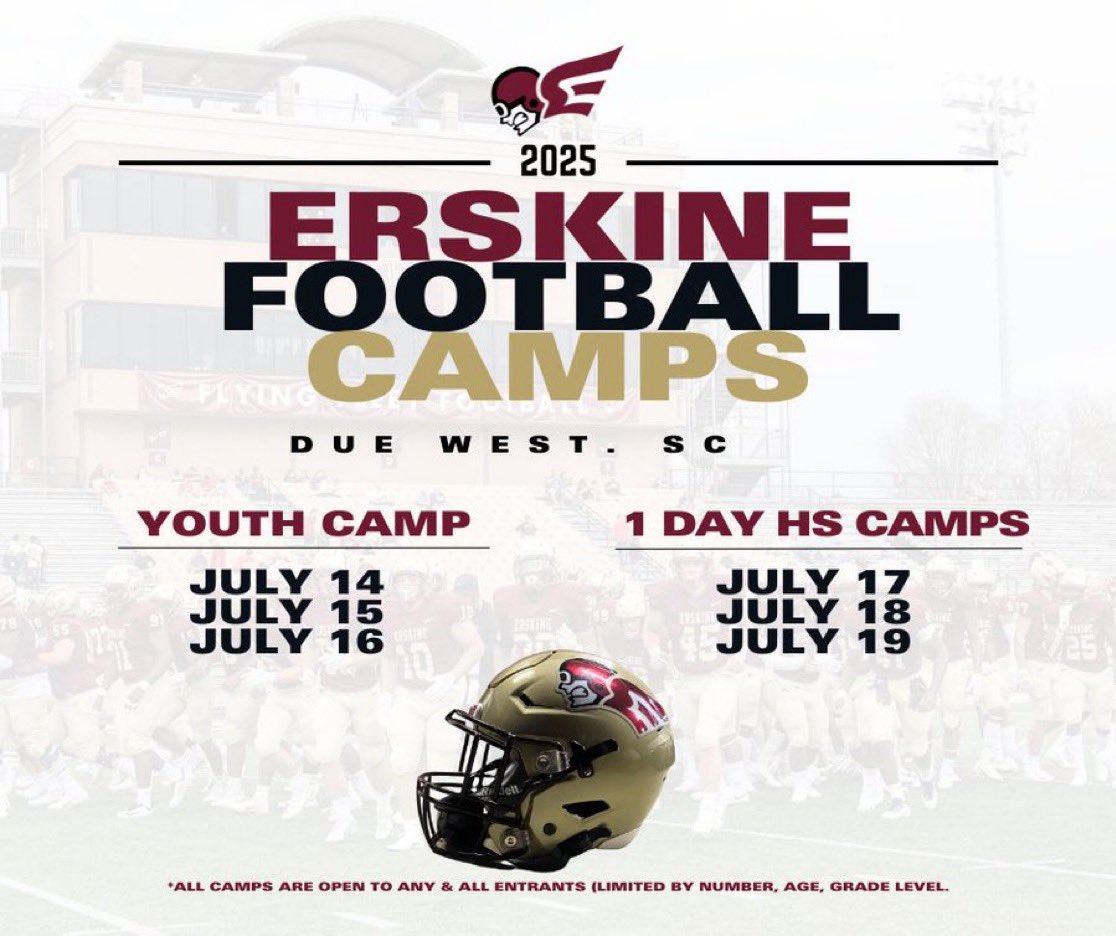 Dezmon 🌊Hopkins (@coachdhop_24) on Twitter photo Sign up now for our upcoming Erskine Football Camps ‼️🏈 ✈️ 
Register here → erskinefootballcamps.com
#TakeFlight Sign up now for our upcoming Erskine Football Camps ‼️🏈 ✈️ 
Register here → erskinefootballcamps.com
#TakeFlight