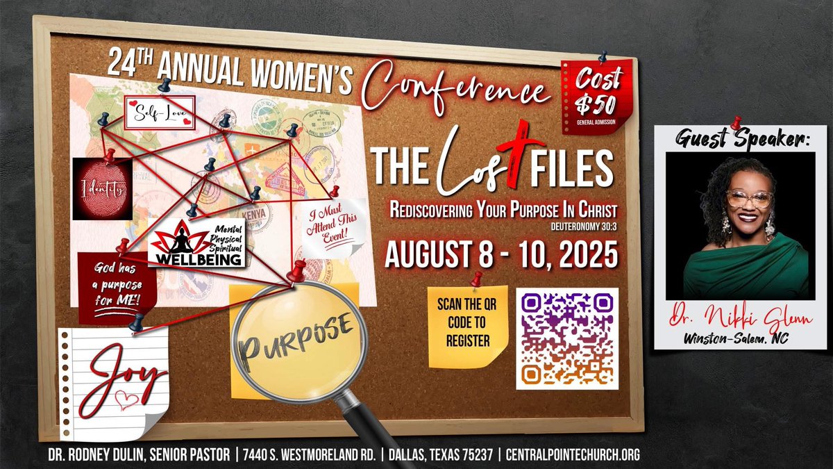 CP_CoC's tweet image. 24th Annual Women’s Conference
August 8–10, 2025
Theme: “The Lost Files: 
Rediscovering Your Purpose in Christ”
Guest Speaker: Dr. Nikki Glenn, 
Sharpe Rd. Church of Christ, 
Greensboro, North Carolina
Cost: $50 – Register via the QR code or text: WC25 to: (972) 426-7755