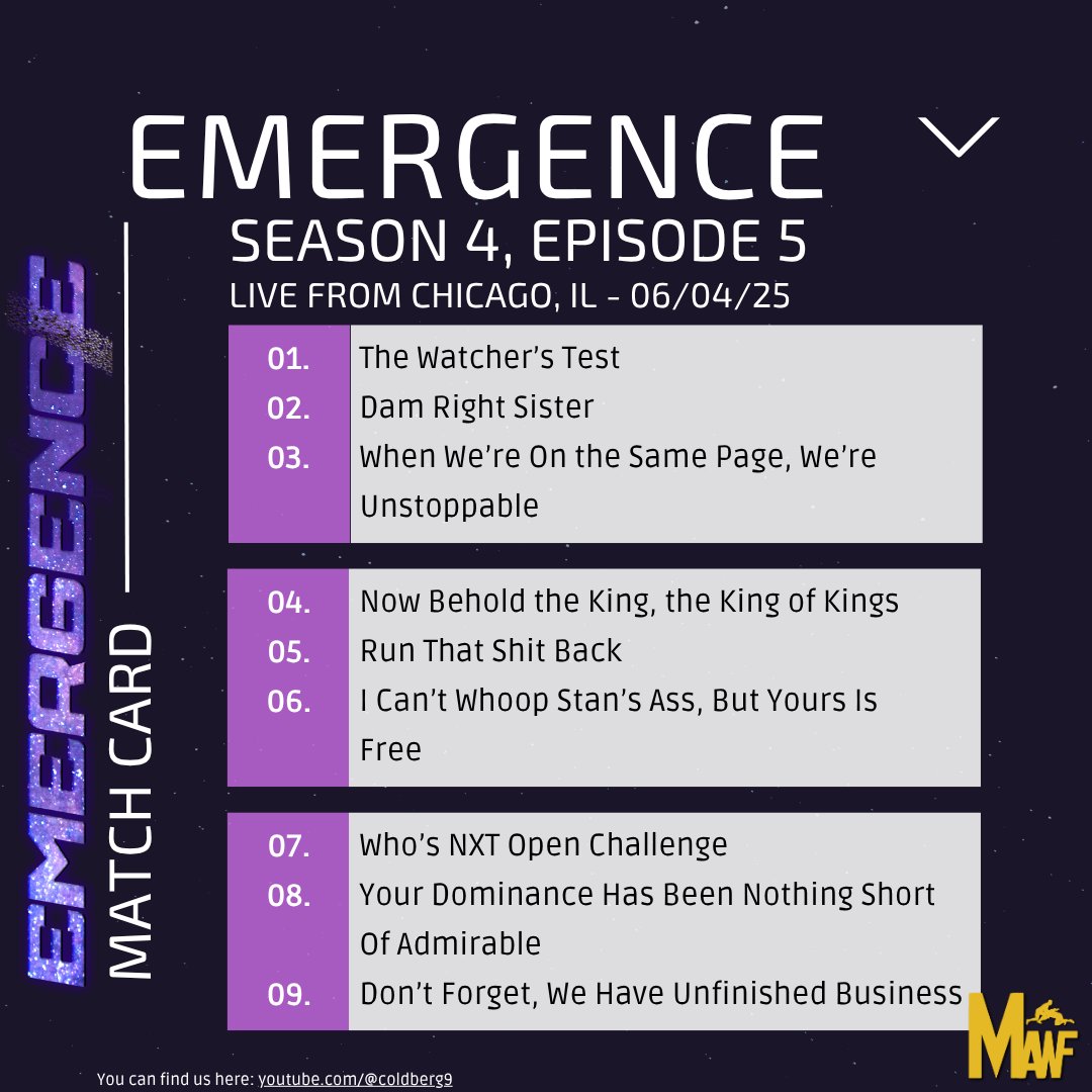 Hi! It's Wednesday again. #MAWFEmergence S4:E5 is live this evening from Chicago, IL! Your match card is below. 

What do you make of these match titles? Any guesses? Things are going to be good either way. I'll see you tonight! 👉🏾twitch.tv/coldberg9 #WWE2K25 #MAWF