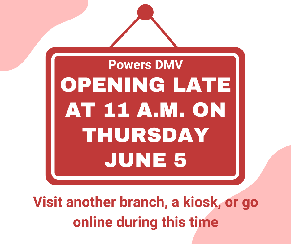 ClerkEPC's tweet image. The Southeast DMV at Powers is opening late at 11 a.m. tomorrow - Thursday, June 5 - due to facility maintenance. Please visit another branch, a kiosk or go online during this time.

 #SoutheastDMV #DMVUpdates #DMVHours #EPCDrives #ElPasoCountyClerk
